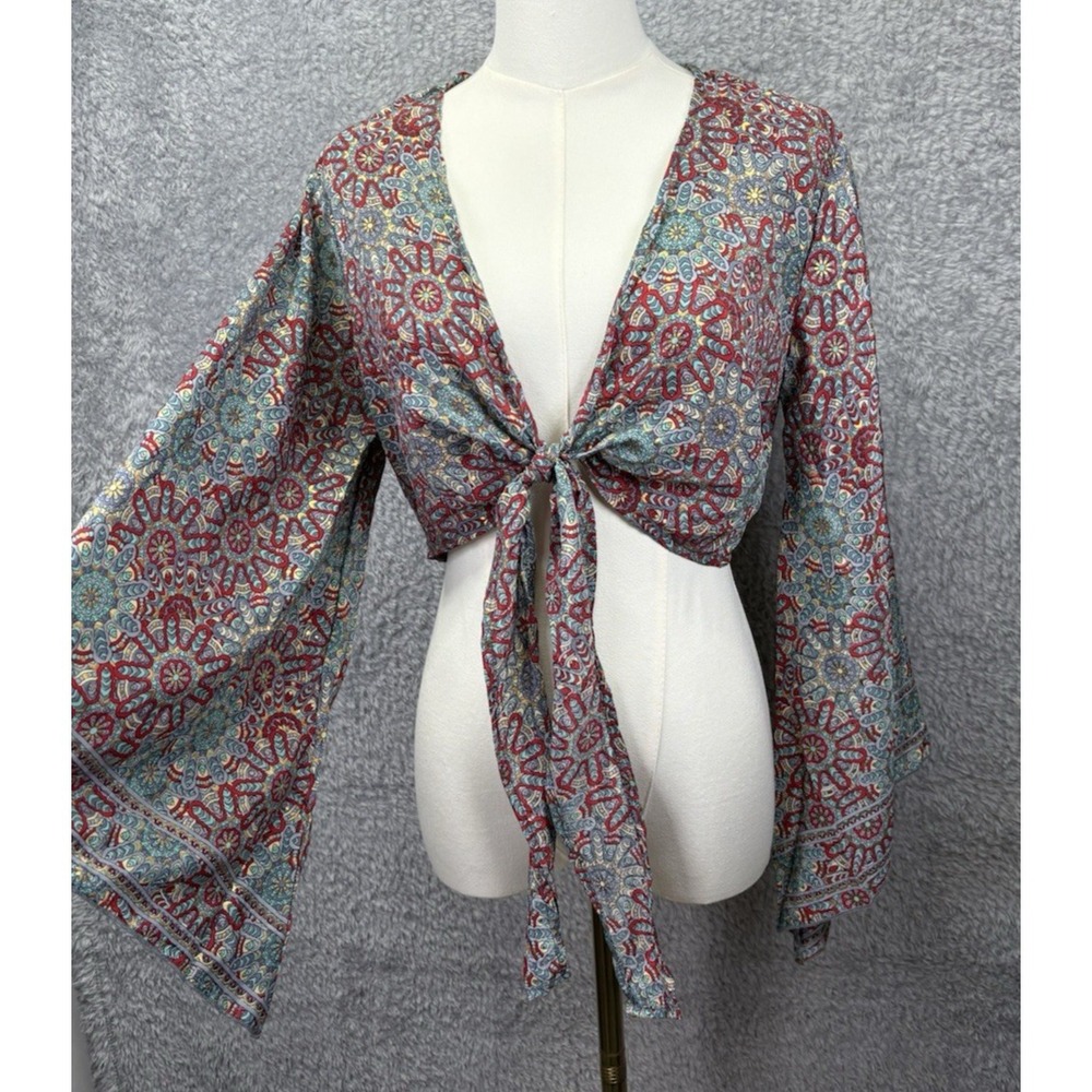 Gold Boho Silk Blend Geometric Bell Sleeve Fairy Crop Tie Top Festival One Size